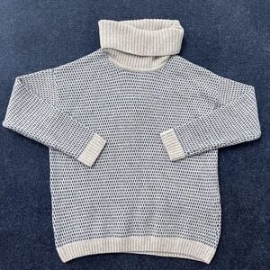 Woolovers Sweater Womens Medium Blue Cream Turtleneck Textured Knit Pullover